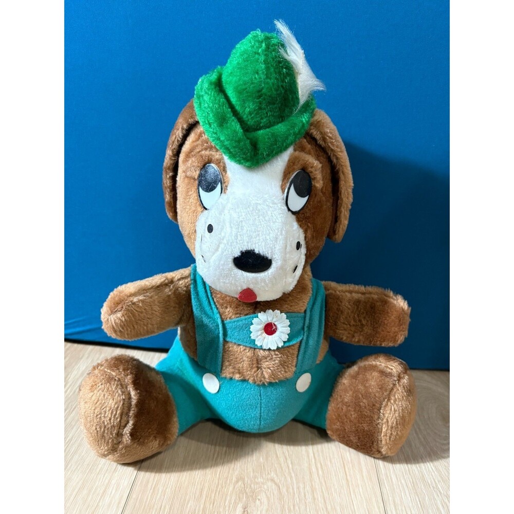 Vintage Plush Stuffed Animal Dog German Fest 14" Green Suspenders